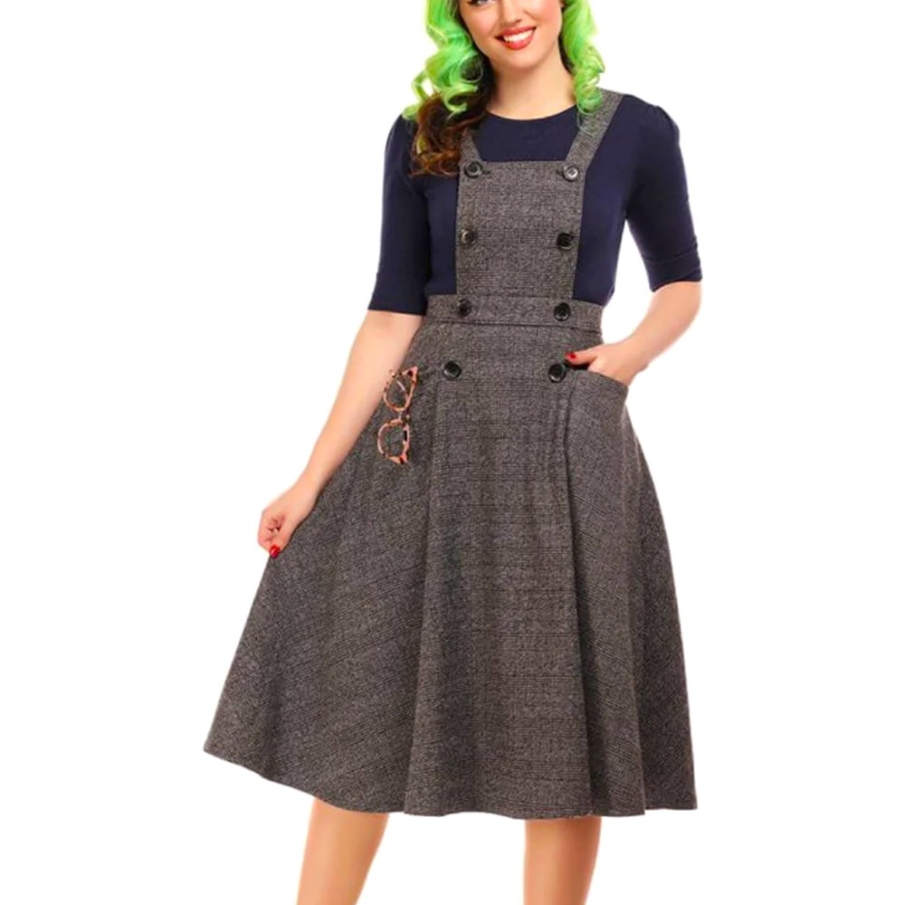 Collectif NWOT 40’s Brenda Librarian Check Pinafore Dress in Charcoal
